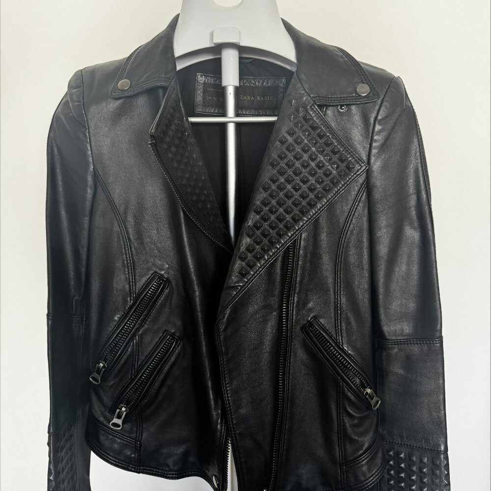 Zara Basic Collection Genuine Black Lamb Leather Embossed Studded Jacket - Picture 4 of 6
